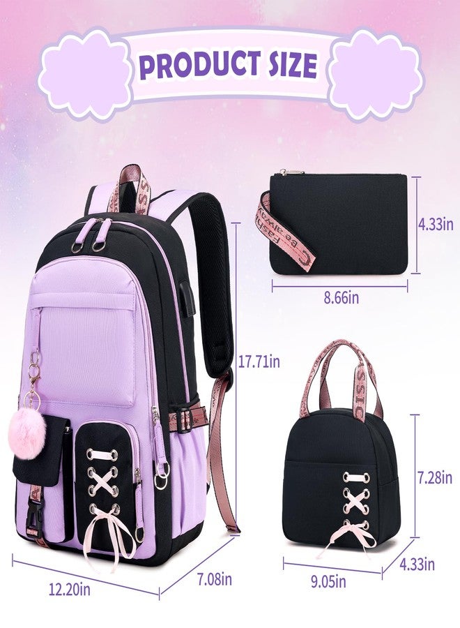 ACESAK Backpacks for Girls, Girls Backpack with Lunch Box and Pencil Case for Teen Kids Elementary Middle High School College Student, Children School Backpack Bookbag with USB Charging Port (Purple) - Image 2